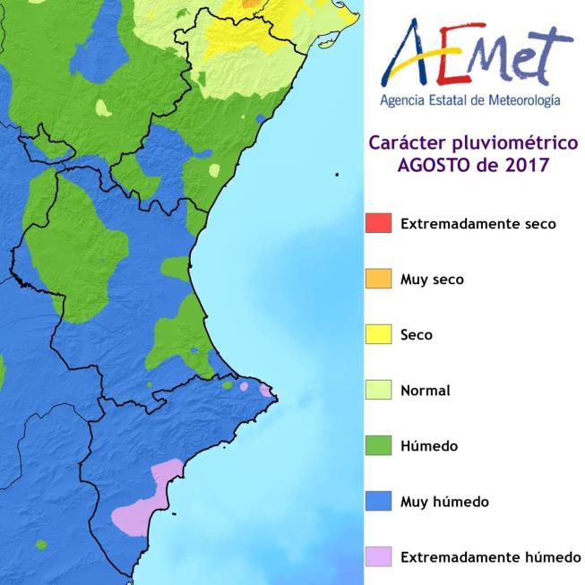 litoral de Alicante. En un tercio del territorio agosto fue húmedo y sólo en el extremo norte de Castellón el mes seco. Figura 6.