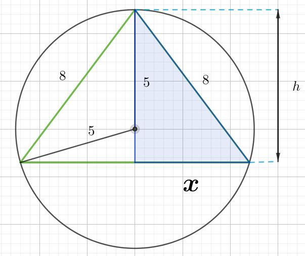 3 Ahora se analiza el triángulo rectángulo que se forma al dividir en dos el triangulo isósceles, se debe notar que la base de este nuevo triangulo rectángulo es la misma que la del triángulo