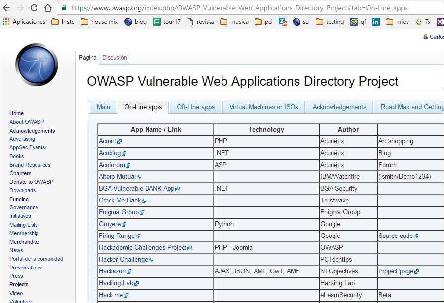 OWASP Vulnerable Web Applications Directory Project (VWAD) Provee una lista de 87 aplicaciones vulnerables para