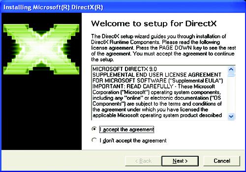 Instale el controlador de DirectX: Haga clic en en el elemento "Instalar DirectX 9". (Nota) 2. Haga clic en el icono Siguiente. DirectX 9.0 es la biblioteca de tiempo de ejecución actualizada para todos los sistemas operativos Windows.