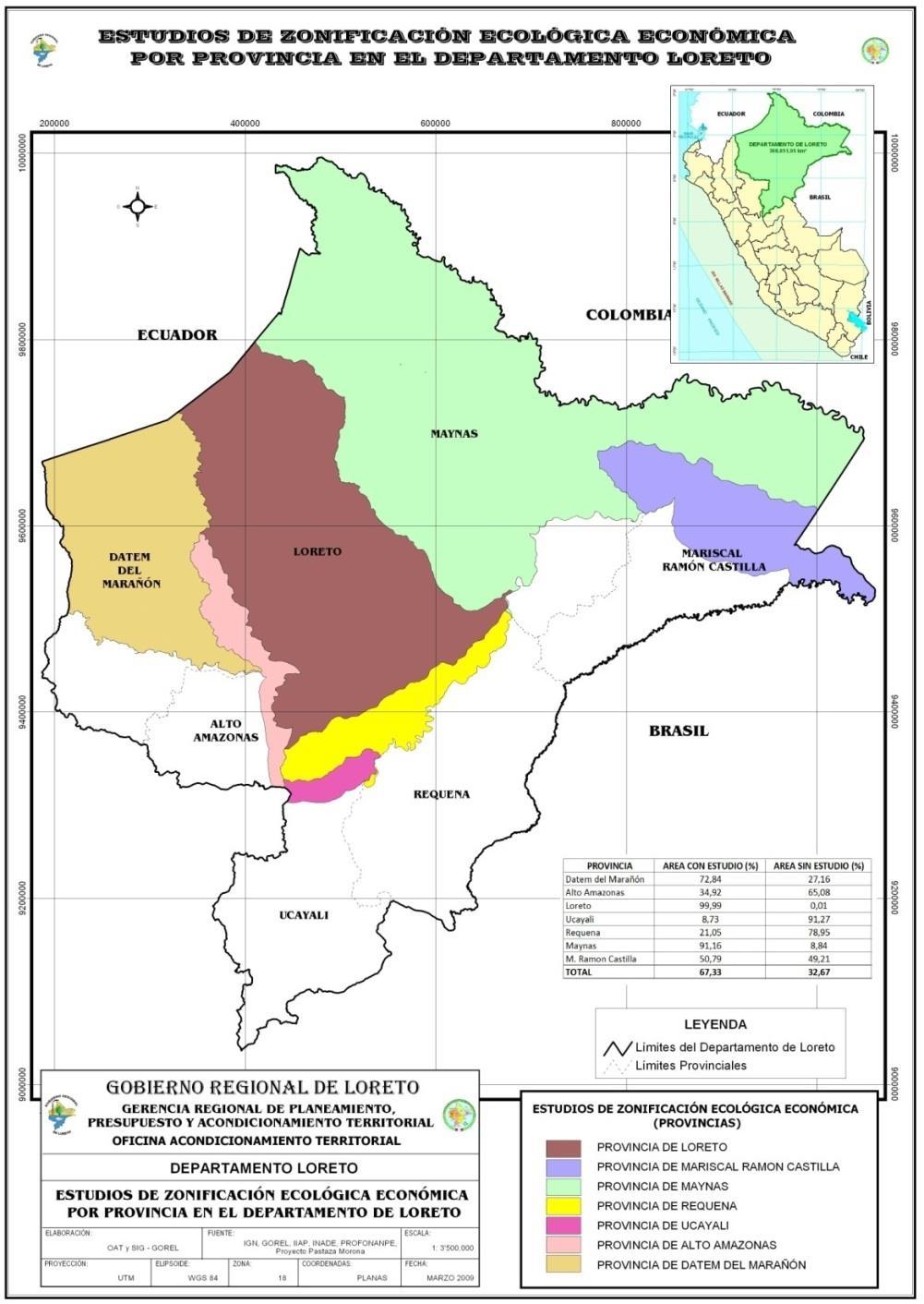 Al 2008 Provincia Área con Estudio ZEE (%) Área sin Estudio ZEE (%) Datem del Marañón 72.84 27.16 Alto Amazonas 34.92 65.08 Loreto 99.99 0.01 Ucayali 8.