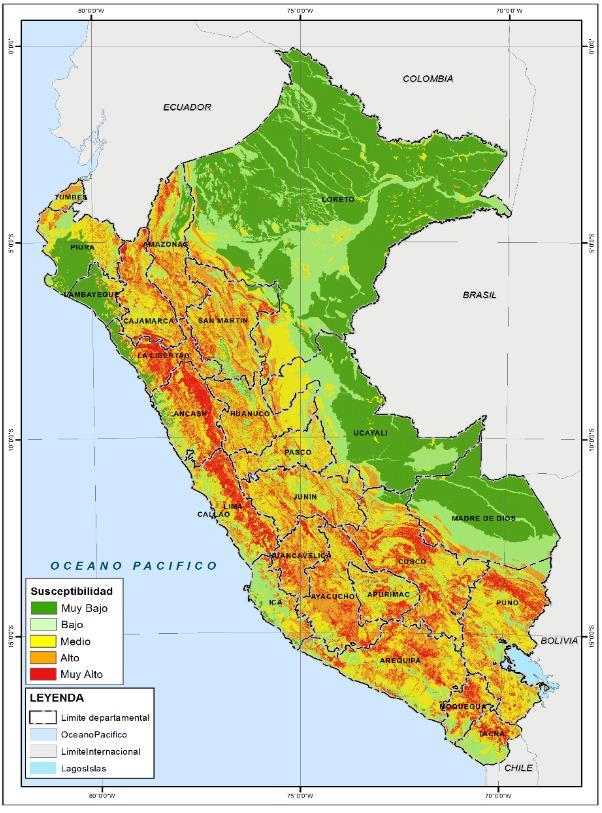 Figura 5: Mapa de susceptibilidad a inundaciones El CENEPRED, basado en la metodología utilizada por el INGEMMET, elaboró el Mapa de Susceptibilidad a Inundaciones del Perú, basado en dos factores