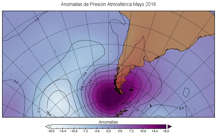 Las anomalías positivas observadas entre los 40 y 60 de latitud sur, muestran este patrón de bloqueo atmosférico, posesionado sobre el mar de
