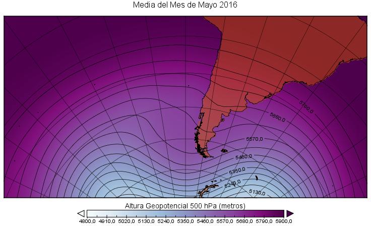 Condición Sinóptica (a) PRESIÓN ATMOSFÉRICA EN ALTURA (b) (c) (c) El comportamiento de la tropósfera media (5500 metros sobre el nivel de mar) durante el mes de mayo del 2016, se observó una