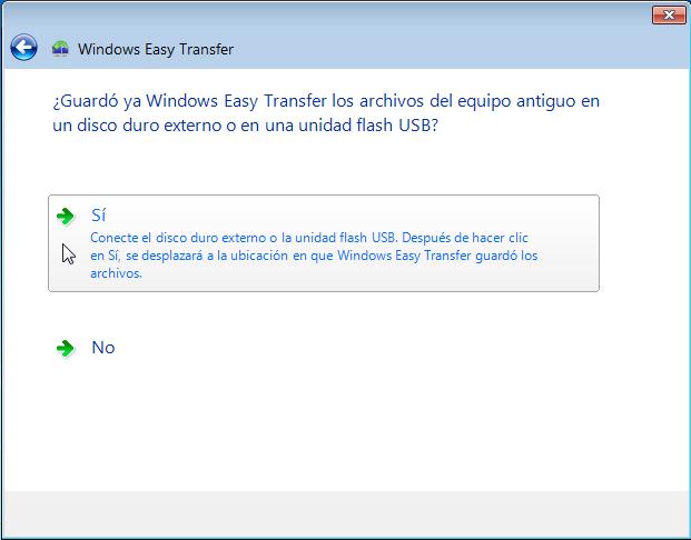 Aparece la ventana Guardó ya Windows Easy Transfer los archivos del equipo antiguo en un disco duro
