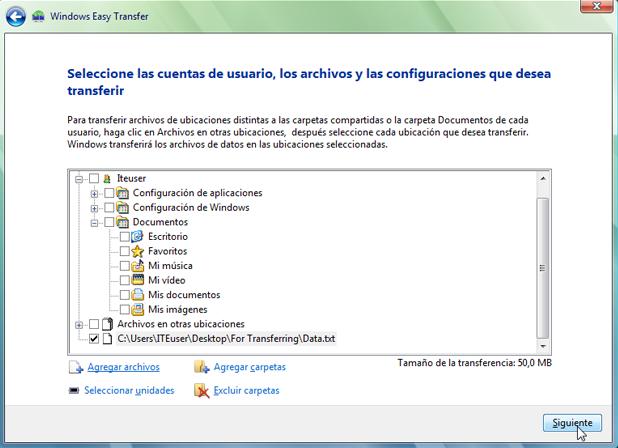 Se abre la ventana Seleccionar las cuentas de usuario, los archivos y las configuraciones que desea transferir.