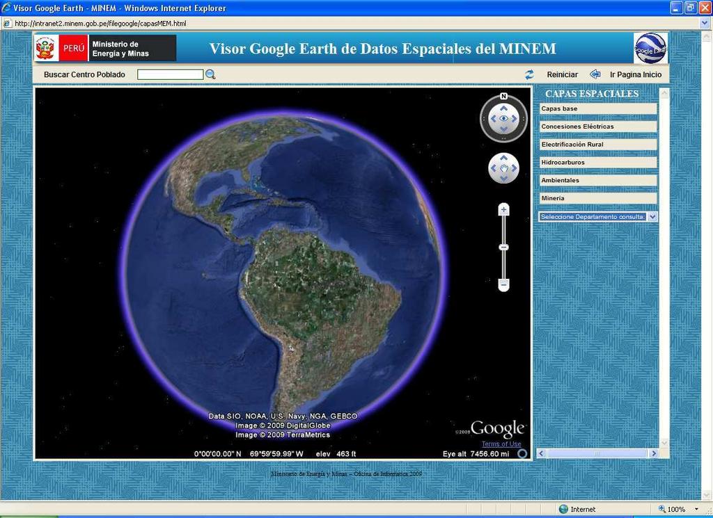 Opción de Búsqueda en el visor de Google Earth En el mapa General esta Incorporado una búsqueda de centros poblados, en los temas específicos por Concesiones Mineras o Eléctricas, lotes Petroleros,