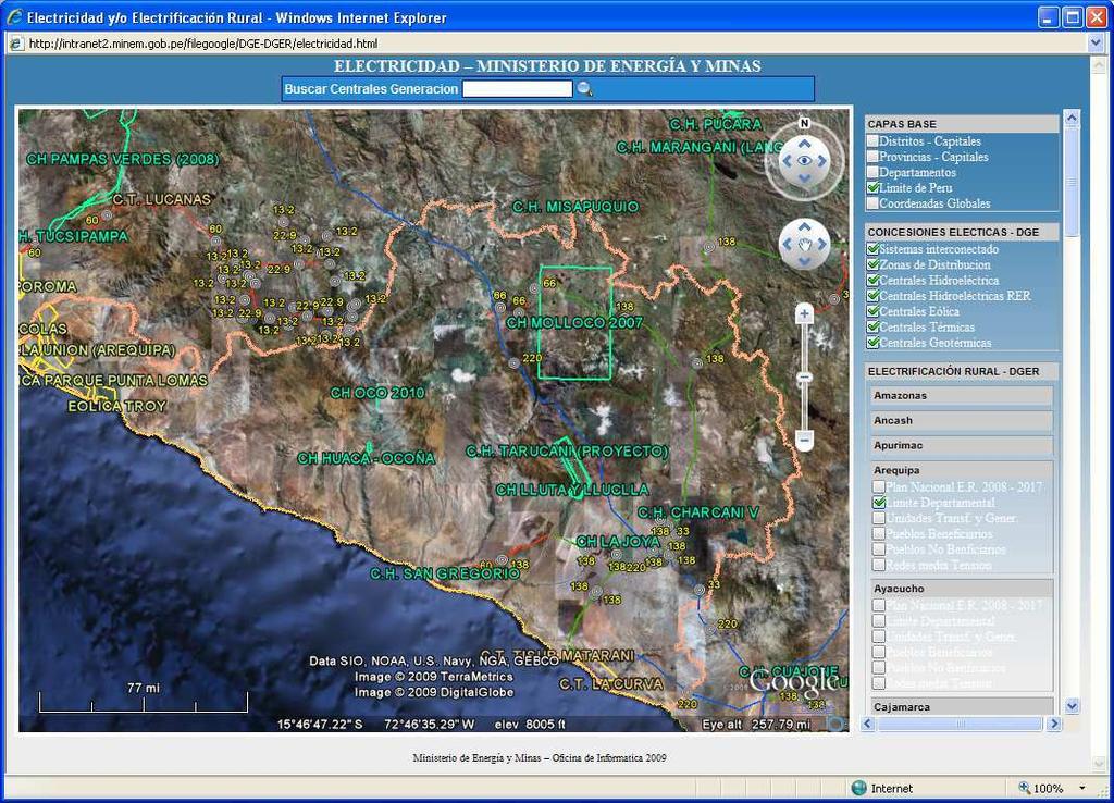 Imagen 14: Pantalla del Mapa Electricidad en Google Earth, capas activadas, la lista de capas de las concesiones