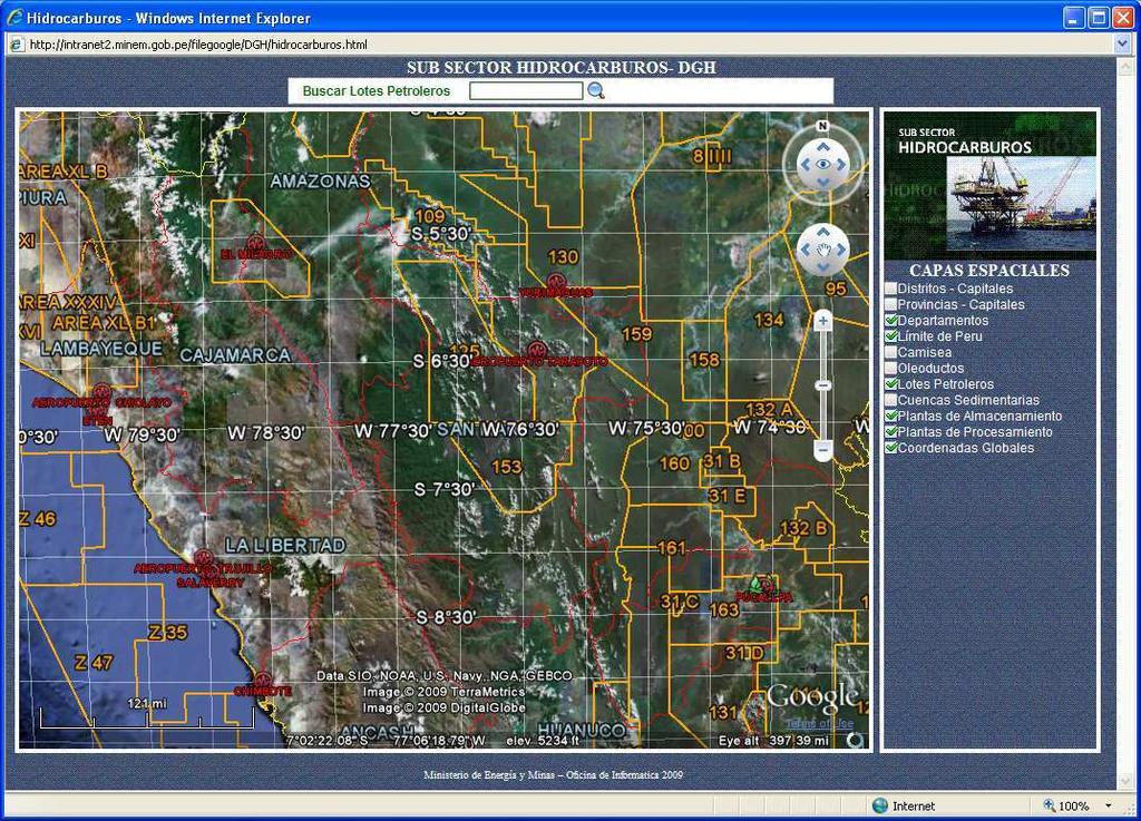 Imagen 18: Pantalla del Mapa de Hidrocarburos en Google Earth, algunas capas activadas.