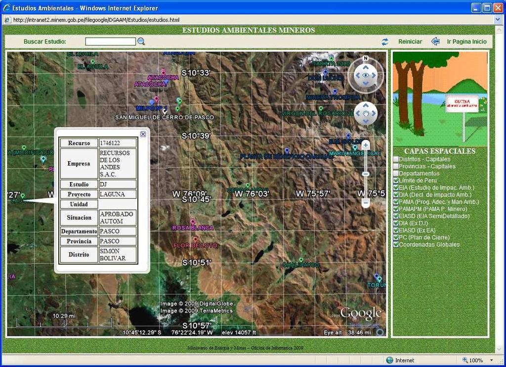 Imagen 26: Pantalla del Mapa de Ambientales Mineros en Google Earth, mostrando la descripción del elemento. 7.