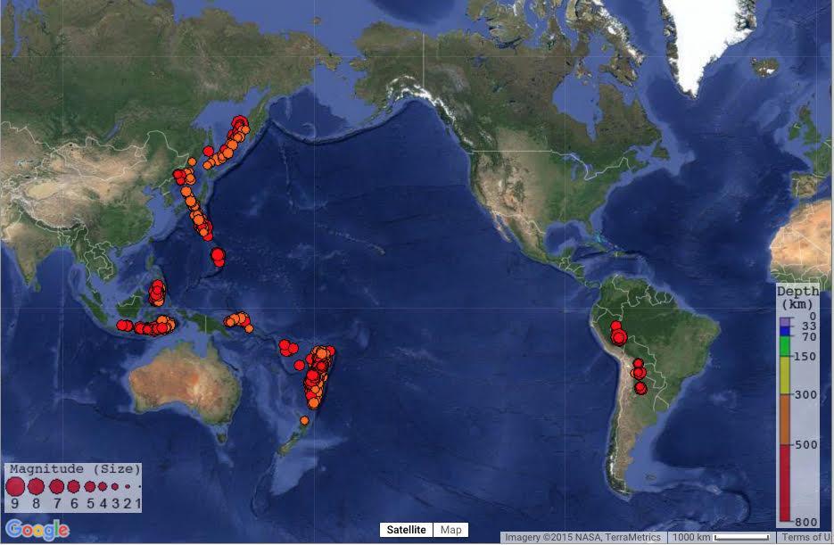 Lugares donde ocurren estos terremotos de gran profundidad.