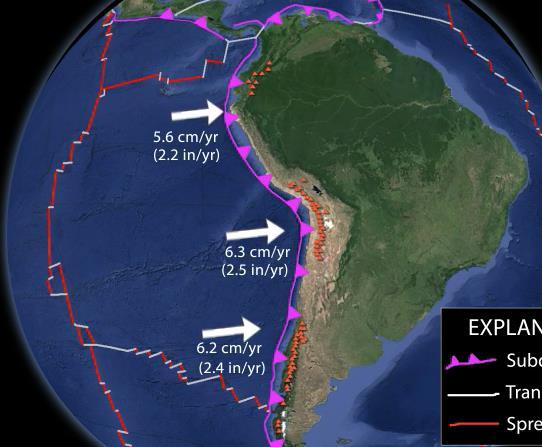 Esta ilustración muestra la velocidad y la dirección del movimiento de la Placa de Nazca con respecto a la Placa de Sudamérica.
