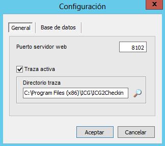 Configuración General Modo ejecución Registro Licencia Puerto Servidor Web Indicar el <Puerto> que se haya habilitado para usar ICG2Checkin Traza Activa Indicar el <Directorio> donde se