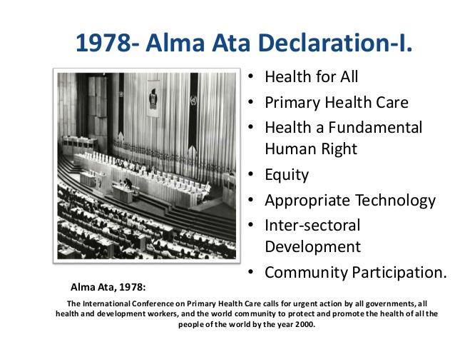 Las Acciones intersectoriales para la salud fueron componentes clave en la Declaración de Alma Ata de la OMS de 1978, donde se hacía un llamado para la creación de una estrategia de salud comprensiva
