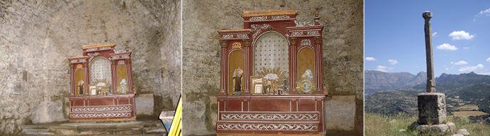 ❷ Con un pequeño retablo con algunos restos de imágenes. ❸ Ante la ermita esta lo que queda de un crucero.
