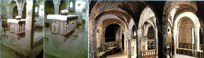 obispo. ❶ Altar de la cripta ❷ Sarcófago de San Ramón ❸ Foto del ticket de entrada. Donde se aprecian sus tres naves de la cripta con seis pares de columnas.