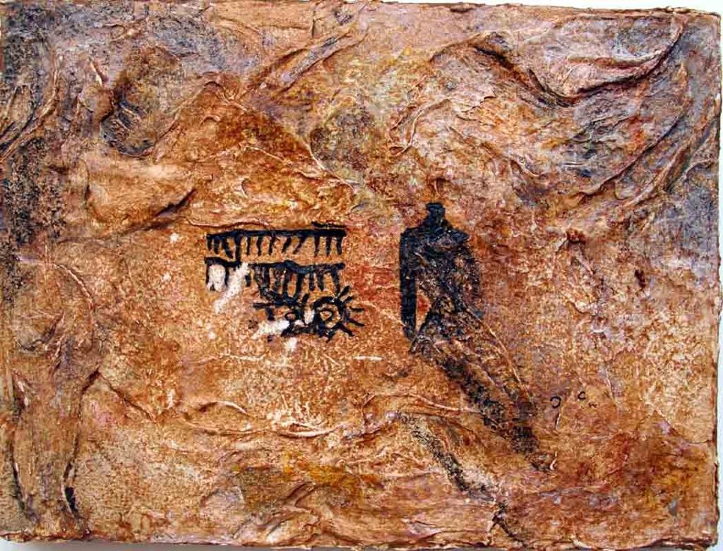 8 COVA DEL MIGDÍA Reproducción a tamaño natural, realizada por Miguel Guerrero, de una pintura esquemática de pequeño tamaño que representa un antropomorfo acompañado de varias barras y soliformes de