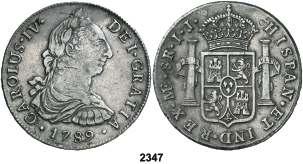 F 2347 1789. Lima. IJ. 8 reales. (Cal. 641). 26,96 g. Busto de Carlos III. Ordinal IV. Escasa. MBC-/MBC. Est. 90......................................... 60, 2348 1806.