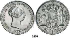 Madrid. 20 reales. (Cal. 174). 25,81 g. Limpiada. Rayitas. (MBC+). Est. 180....... 160, 2460 1855. Madrid. 20 reales. (Cal. 175). 25,82 g. Golpecitos. MBC-. Est. 60............. 40, 2461 1854.