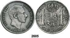 Alfonso XII. Manila. 50 centavos. (Cal. 83). 12,92 g. Limpiada. MBC. Est. 60...... 40, F 2608 1884. Alfonso XII. Manila. 50 centavos. (Cal. 84). 12,90 g. Rara. MBC-. Est. 125.