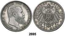1899. Guillermo II. A (Berlín). 5 marcos. (Kr. 523). 27,51 g. AG. MBC-. Est. 25... 15, F 2695 Württemberg. 1899. Guillermo II. F (Freudenstadt).