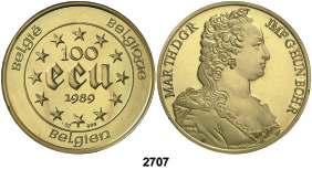 2705 BÉLGICA. 1873. Leopoldo II. 5 francos. (Kr. 24). 24,80 g. Leves golpecitos. EBC. Est. 50................................................. 35, F 2706 1989. Balduino I. 100 ecu. (Fr. 428) (Kr.