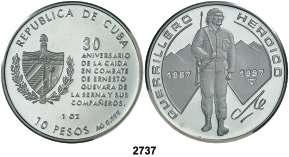 2736 CUBA. 1997. 10 pesos. (Kr. 625). 26,97 g. AG. Serie Iberoamericana. Rumba. Proof. Est. 18................................................. 12, F 2737 1997. 10 pesos. (Kr. 723). 31,10 g. AG. 30º Aniversario de la muerte del Che Guevara.