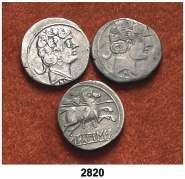 Lote de 3 denarios. A examinar. MBC-/MBC. Est. 200......... 120, 2821 Secobirices (Saelices). Lote de 3 denarios. A examinar. MBC-/MBC. Est. 200.......... 120, 2822 Turiasu (Tarazona).