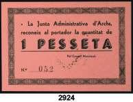 F 2924 Archs. La Junta Administrativa. 1 peseta. (T. 237a). Cartón, nº 052. Raro. EBC. Est. 40... 25, F 2925 Archs.