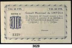 F 3026 Linyola. 25 céntimos. (T. 1495). Cartón. Raro. EBC+. Est. 90................... 60, F 3027 Linyola. 25 céntimos. (T. 1495). Cartón. Raro. MBC+.