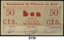 1 peseta. (T. 3290). Raro. MBC. Est. 25.................... 15, F 3119 Vilanova de Meià. 50 céntimos. (T. 3291).