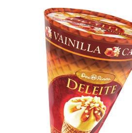 HELADOS CONO DELEITE Cono azucarado con helado lácteo sabor Vainilla y Caramelo, trocitos de Macadamia, cobertura y veta de Caramelo.