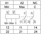 Conexiones y esquema Relé de control de nivel Diagrama de cableado A1,A2: tensión de alimentación Máx.: alto nivel Mín.