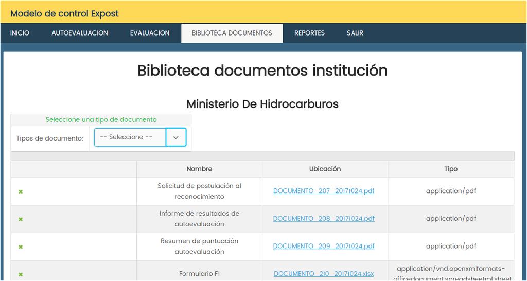 4. Biblioteca documentos La pestaña BIBLIOTECA DOCUMENTOS es un repositorio de los archivos que el sistema genera a lo largo de los procesos de autoevaluación y evaluación.