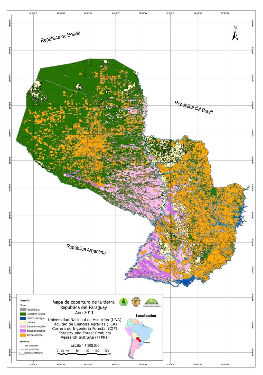 Seguidamente, se observa el Mapa de cobertura de la tierra del Paraguay año 2011 Figura 8.