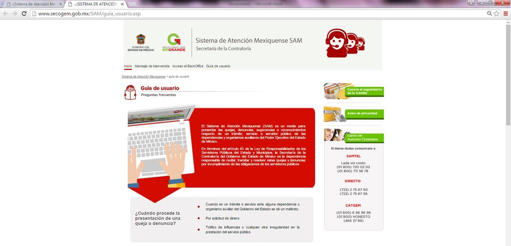 ANEXO 2. Página principal del Sistema de Atención Mexiquense (SAM) Para público en general. www.
