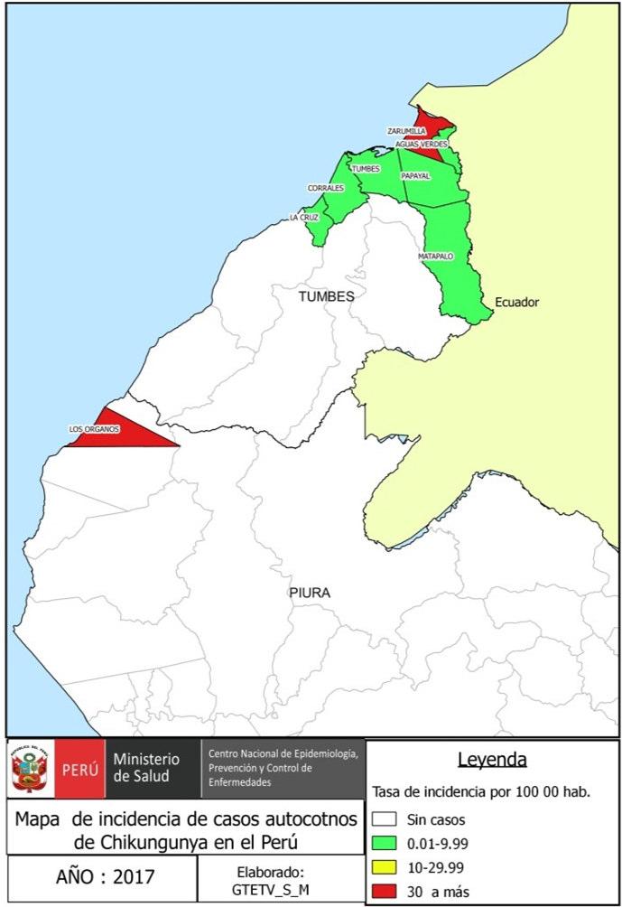 Casos probables y confirmados de chikungunya de los distritos de Tumbes, 2015-2016-2017 (*) Grupo Técnico de enfermedades metaxénicas y Zoonoticas DISTRITOS SE 2015 SE 2016** SE 2017*** CONFIRMADO