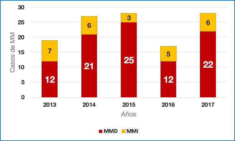 de defunciones maternas presenta (28MM), en orden descendente le siguen los años 2014(27MM)), finalmente un menor reporte de casos se presentó en el año 2016 con 17MM.