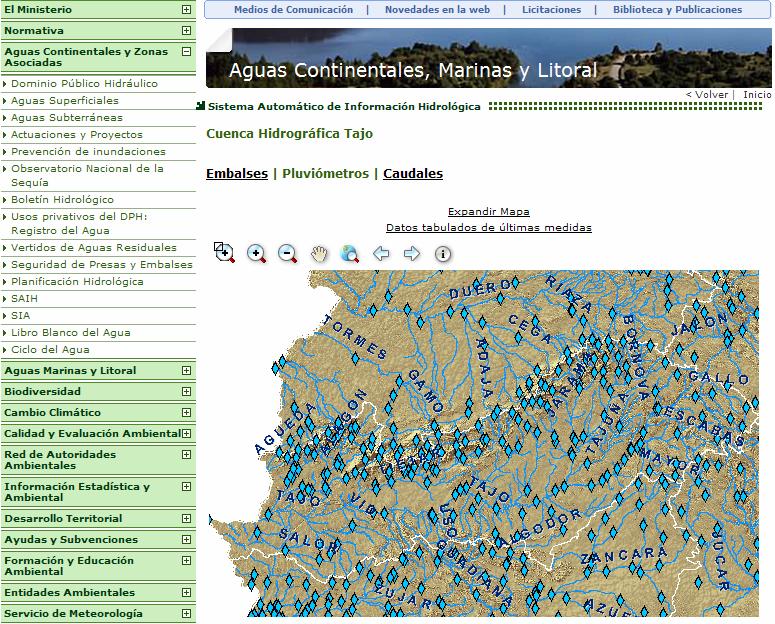 1.3.2.1 Mapa de la cuenca Ocupa la parte central de la pantalla y en él se muestra el mapa de la cuenca seleccionada con los puntos correspondientes a pluviometros así como los rios de la zona.