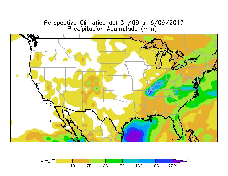 Paralelamente, el remanente de la Tormenta Tropical Harvey provocará precipitaciones de variada intensidad sobre el este del cinturón maicero, el este del Delta y la Región Sudeste, con focos de