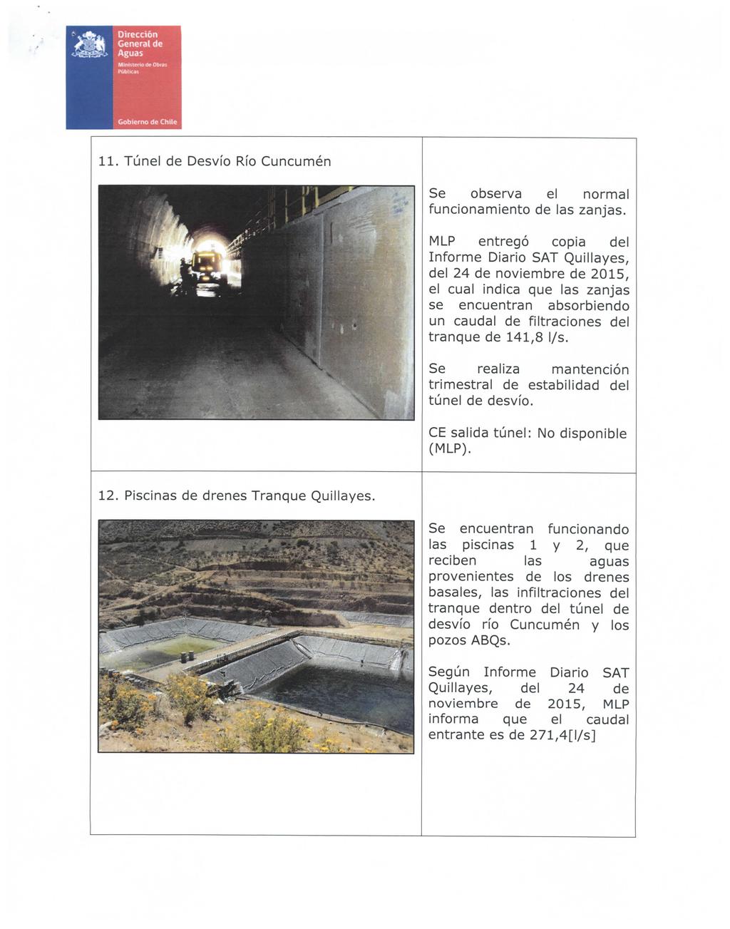 Dirección General de Aguas 11. Túnel de Desvío Río Cuncumén Se observa el normal funcionamiento de las zanjas.