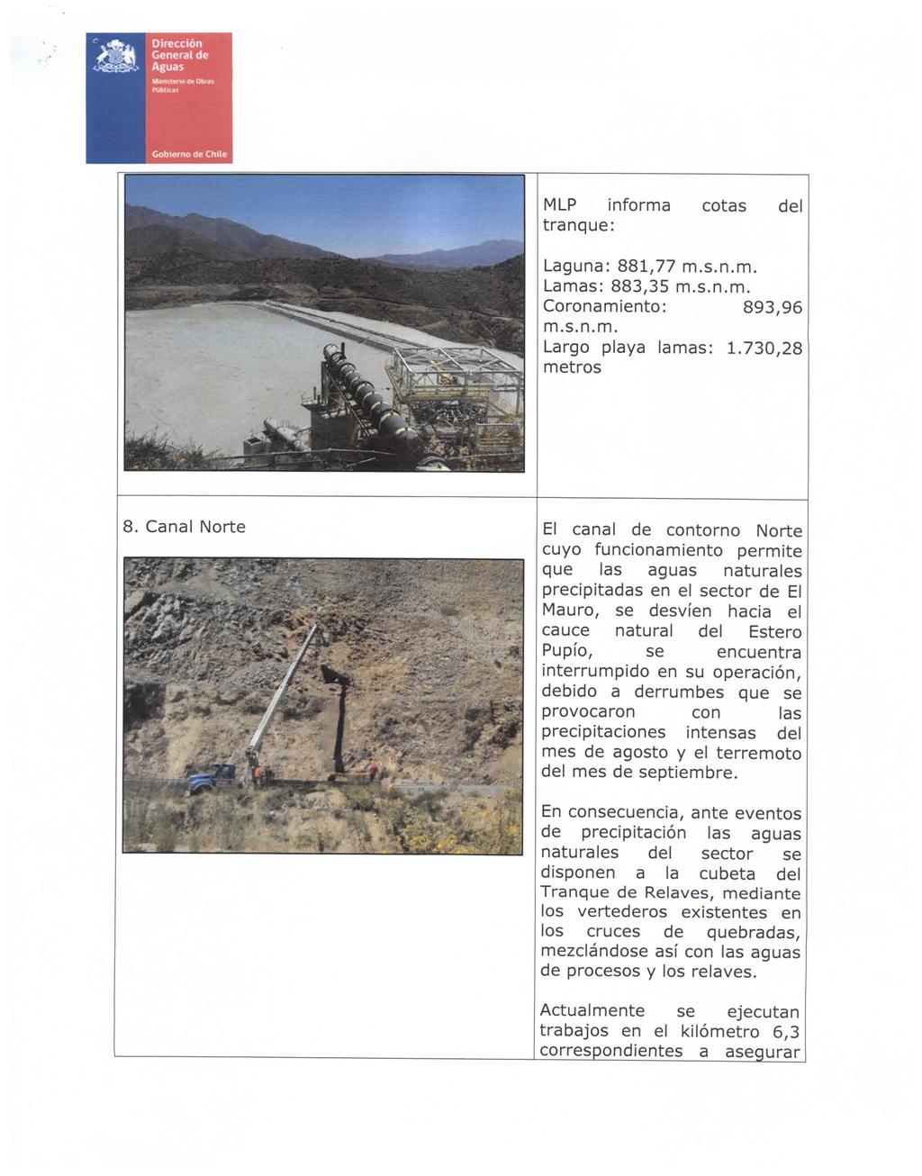 Dirección General de Aguas Gobierno <Ss Chile MLP informa tranque: cotas del Laguna: 881,77 m.s.n.m. Lamas: 883,35 m.s.n.m. Coronamiento: 893,96 m.s.n.m. Largo playa lamas: 1.
