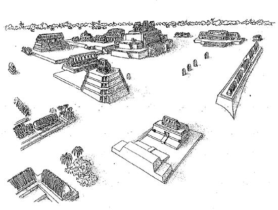 Figura 3. Reconstrucción ideal de la Plaza Mayor de Dos Pilas, antes de su caída.