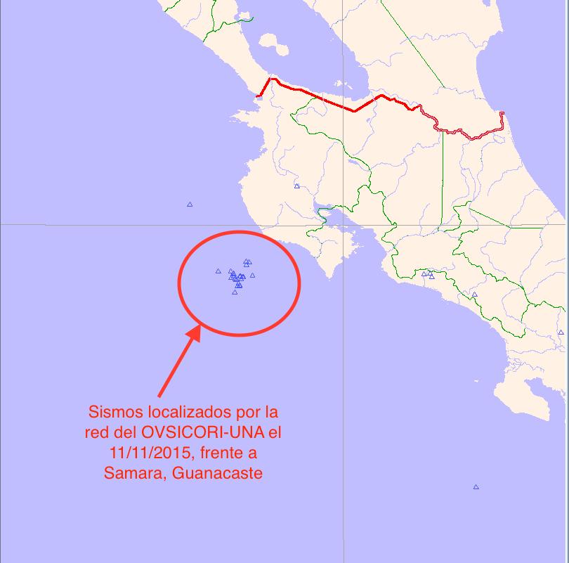 Figura 1. Mapa con datos epicentrales de los sismos registrados y localizados por la red sísmica del OVSICORI-UNA el 11 de Noviembre del 2015.
