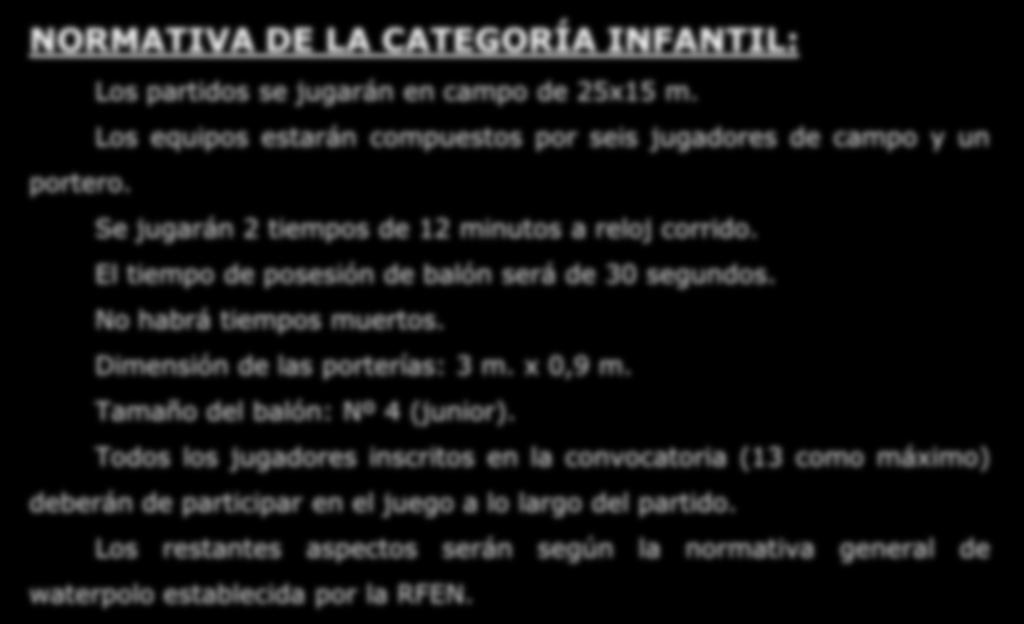 Cada equipo deberá llevar dos juegos de gorros. NORMATIVA DE LA CATEGORÍA INFANTIL: Los partidos se jugarán en campo de 25x15 m.