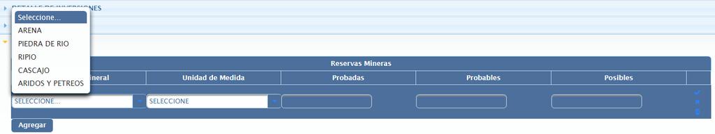 c. Reservas Mineras Presionar la opción agregar y después la opción para editar la información.