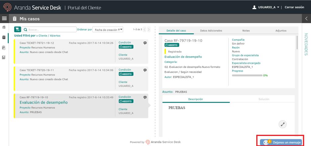 - Si uno de los proyectos que tiene asociado el Usuario, tiene activo el Aranda Chat, se visualiza el módulo de Chat en la consola USDK.