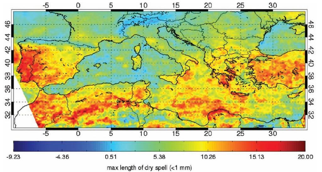 Escenarios: Conjunto multi-modelo de RCMs Cambio en la duración del máximo periodo seco