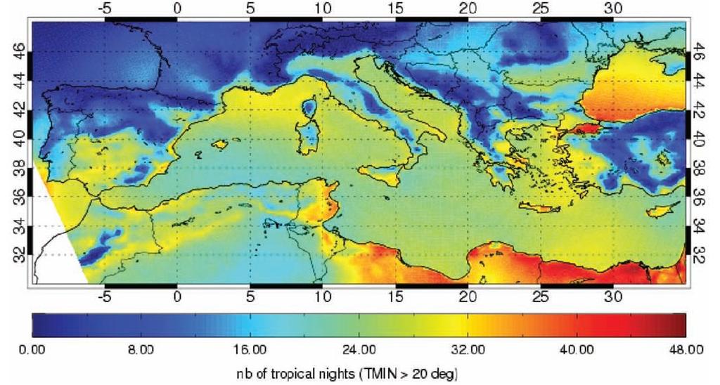 Escenarios: Conjunto multi-modelo de RCMs Cambio en el número anual de noches tropicales