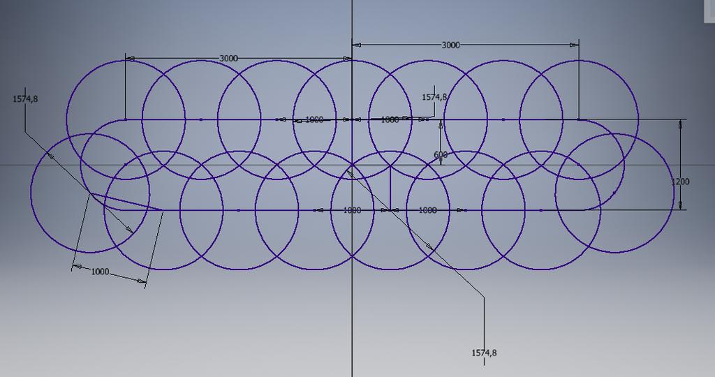 Cada círculo representa una posición del avión durante la trayectoria, por tanto el área interior que no esté rayada será el área de cobertura ininterrumpida.